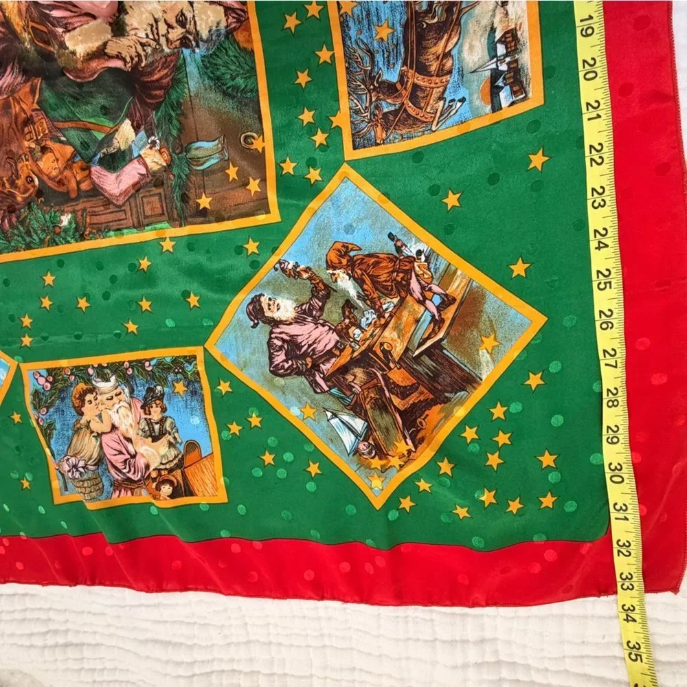 Vintage Santa Christmas Scarf Holiday Print Red Green Square Retro